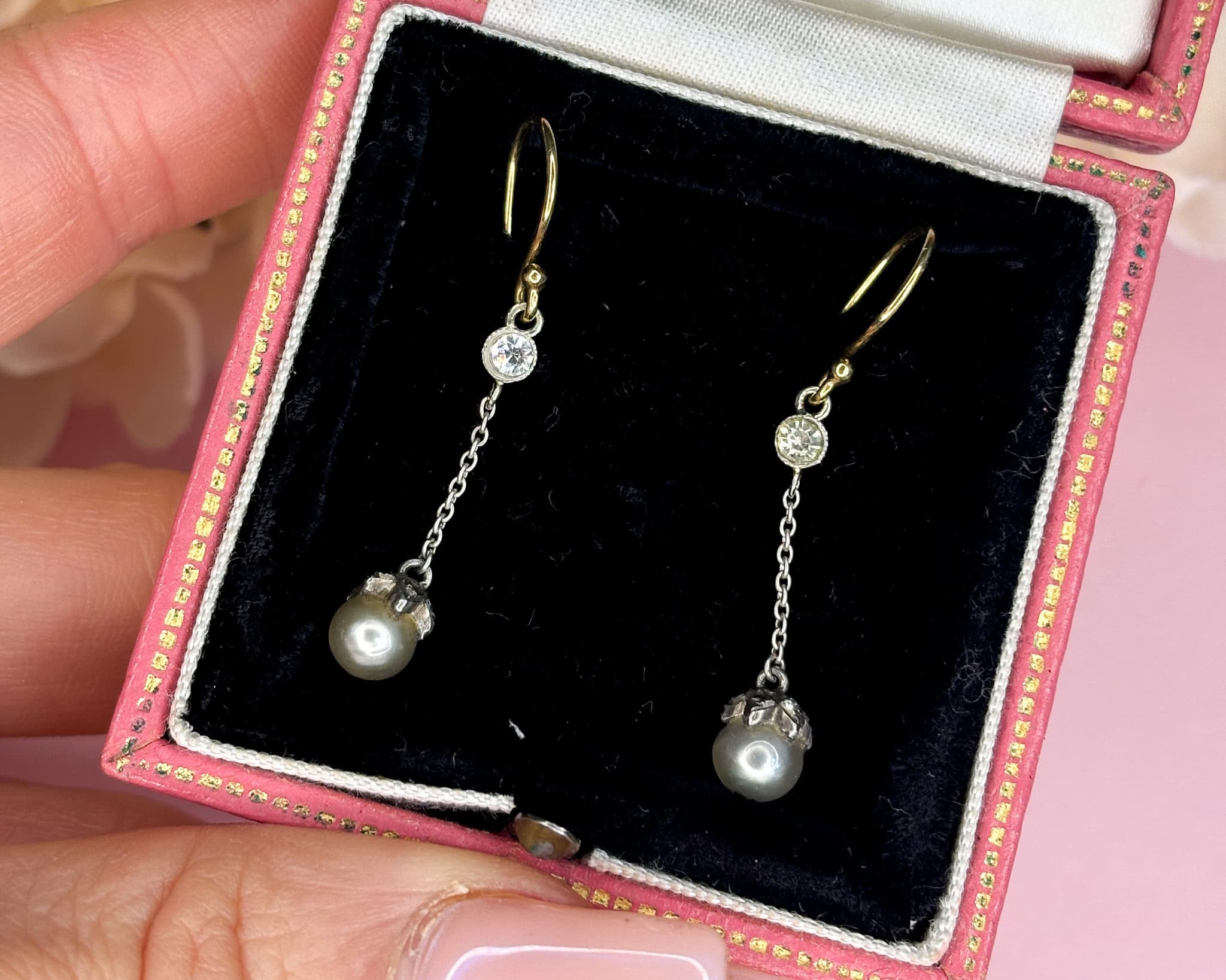 Antique 1930s pearl and diamond drop earrings for sale in Leeds, Yorkshire