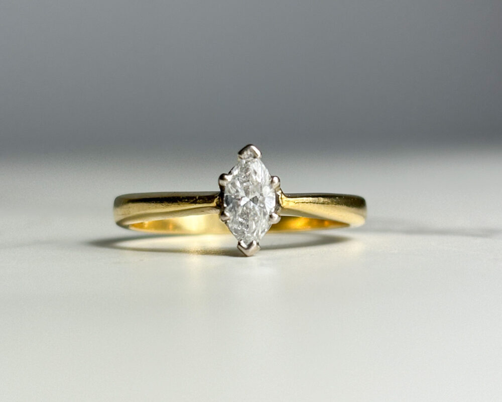 vintage marquise cut diamond solitaire ring in 18ct yellow gold for sale in Leeds, Yorkshire