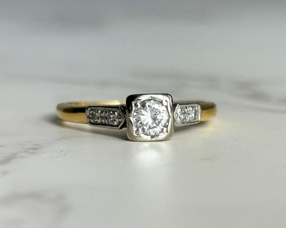art deco diamond square set ring in 18ct yellow gold and platinum