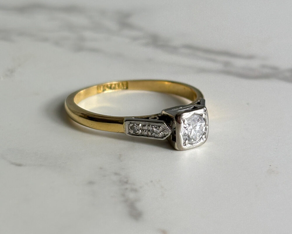 art deco diamond square set ring in 18ct yellow gold and platinum