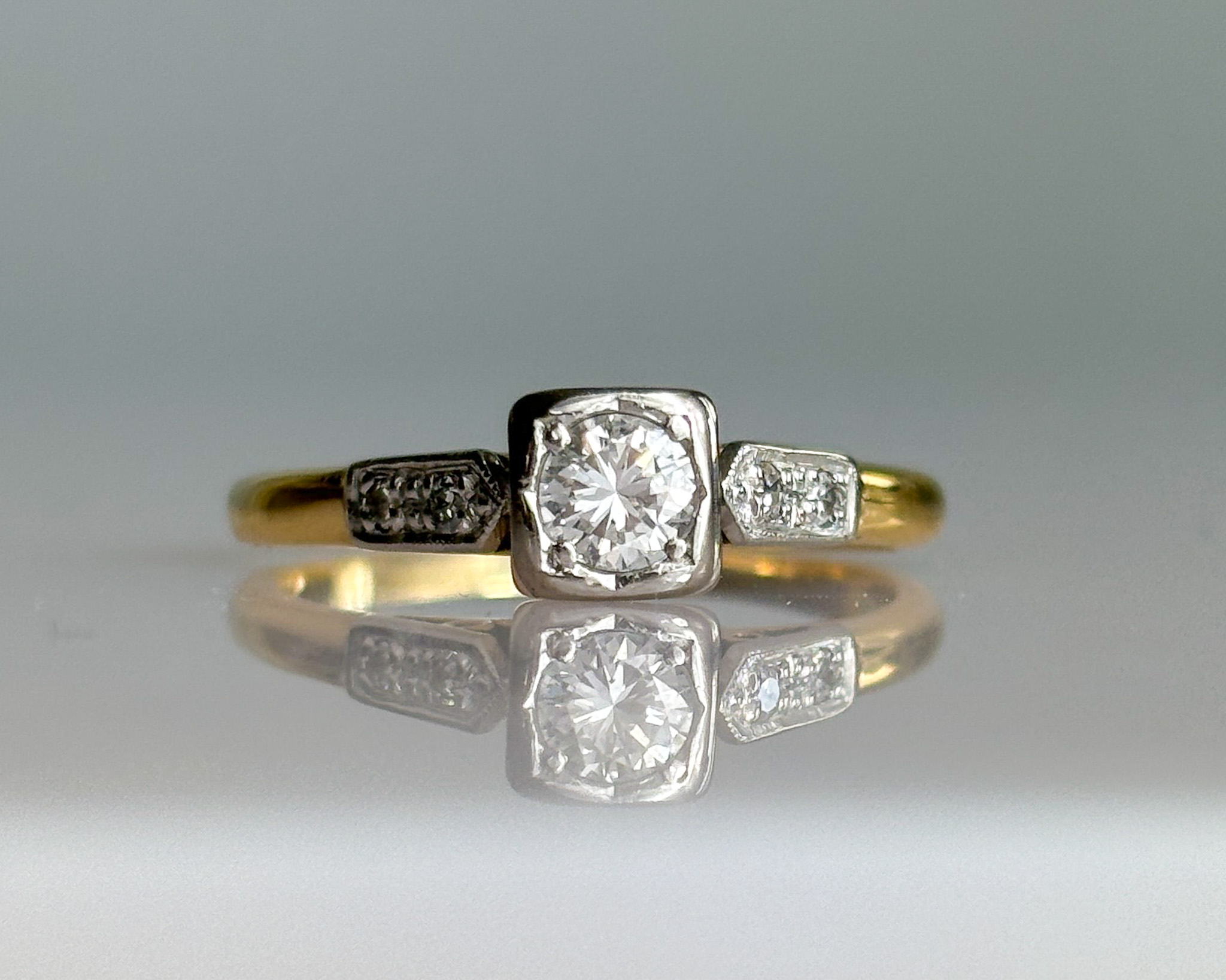 art deco diamond square set ring in 18ct yellow gold and platinum