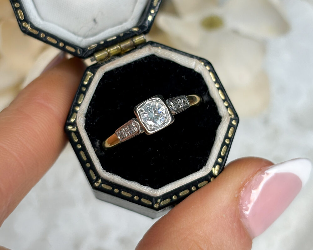 art deco diamond square set ring in 18ct yellow gold and platinum