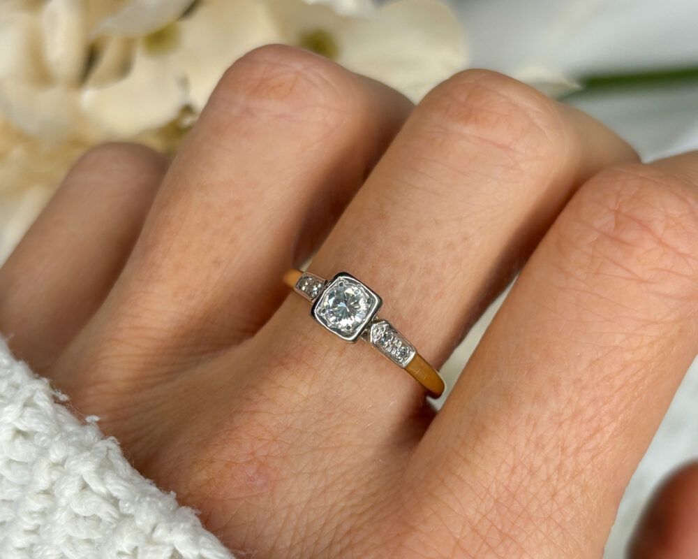 art deco diamond square set ring in 18ct yellow gold and platinum