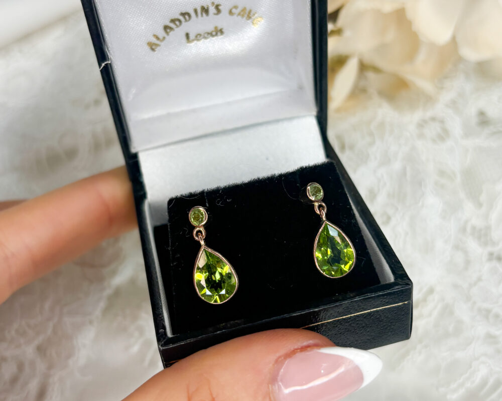 modern 9ct rose gold and peridot drop earrings for pierced ears for sale