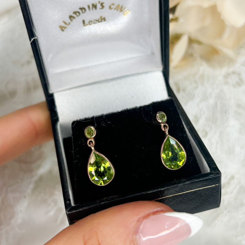 modern 9ct rose gold and peridot drop earrings for pierced ears for sale