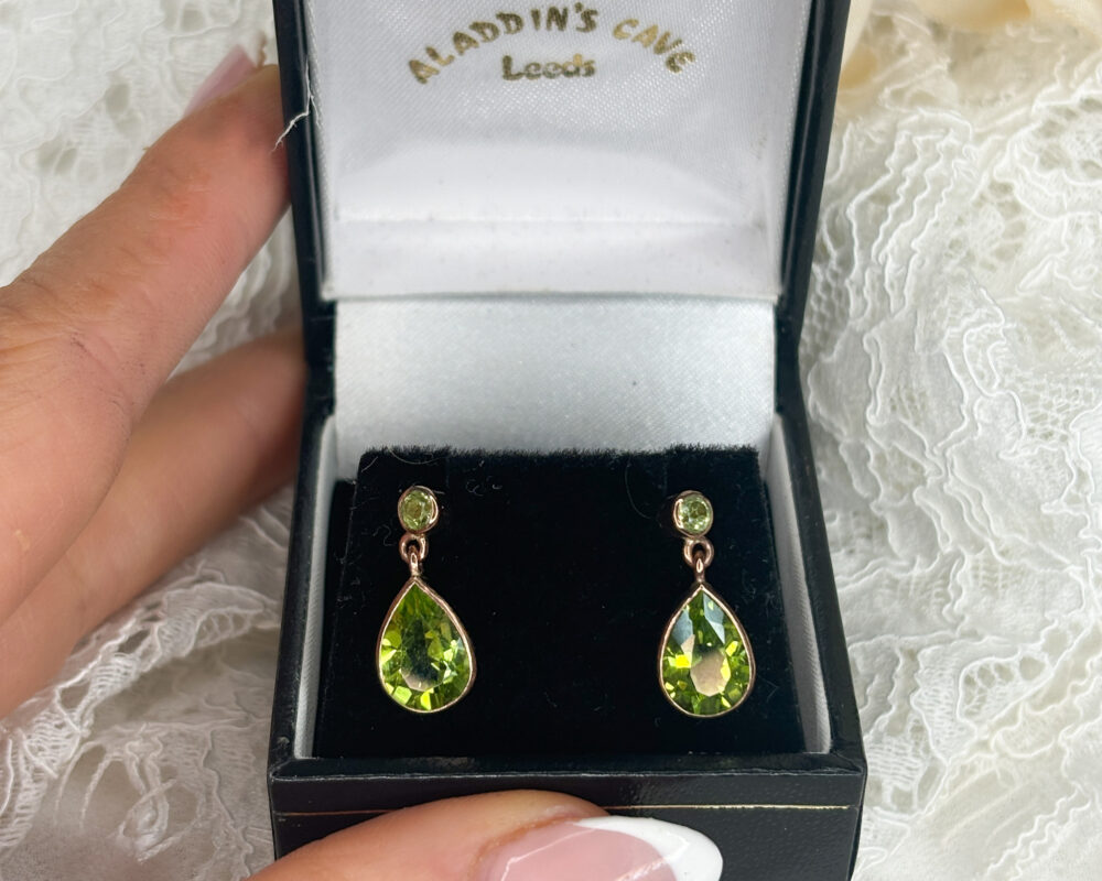 modern 9ct rose gold and peridot drop earrings for pierced ears for sale