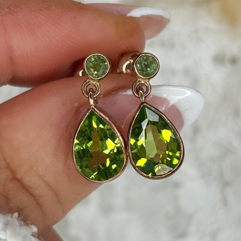 modern 9ct rose gold and peridot drop earrings for pierced ears for sale