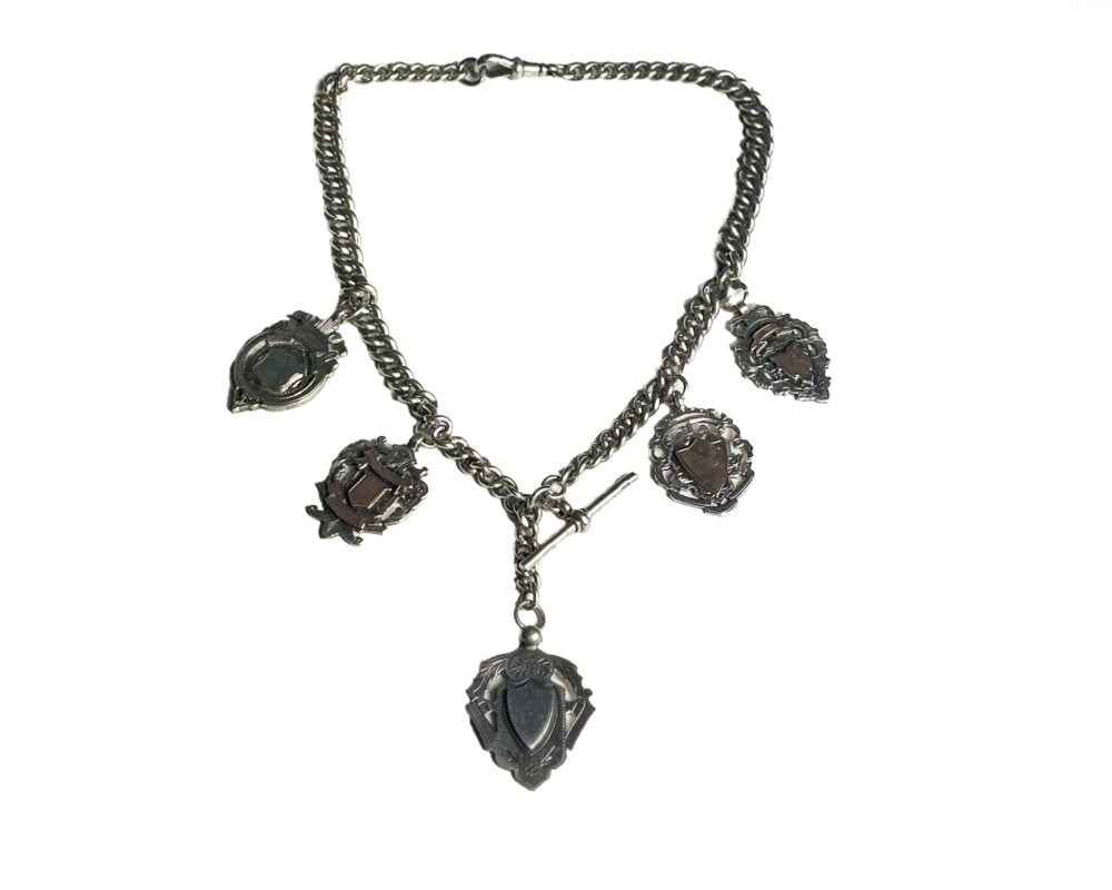 heavy antique silver albert chain with 5 medal fobs