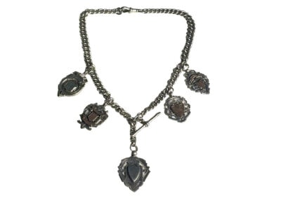 heavy antique silver albert chain with 5 medal fobs