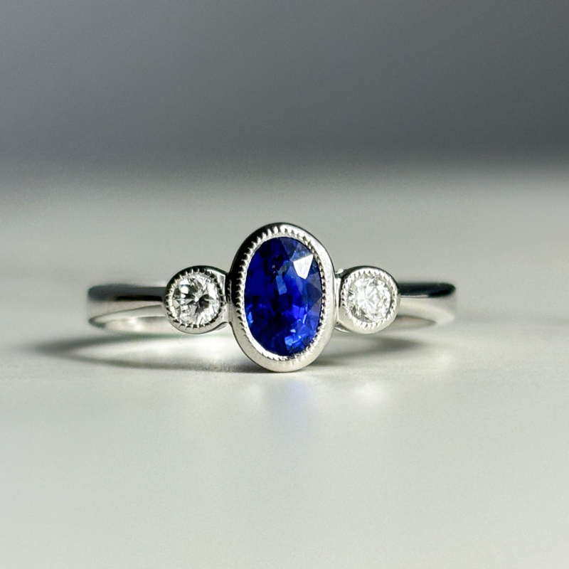 art deco style sapphire and diamond three stone ring for sale in 9ct white gold