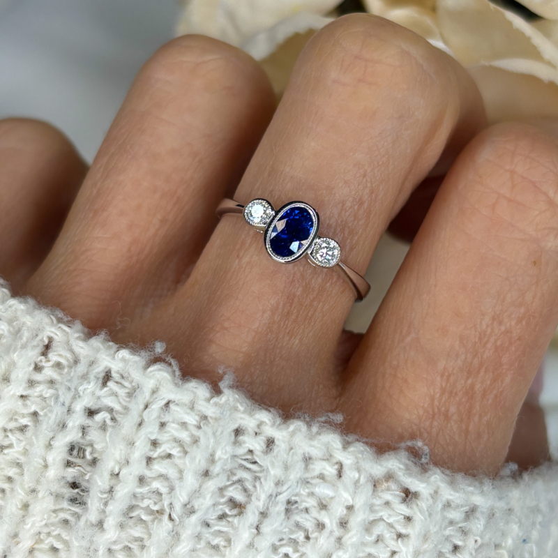 art deco style sapphire and diamond three stone ring for sale in 9ct white gold
