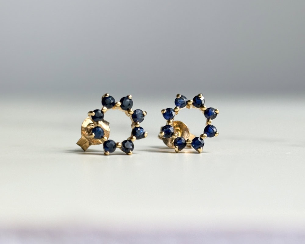 modern 9ct yellow gold and sapphire halo style stud earrings for sale