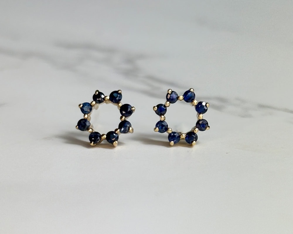 IMG_6143 modern 9ct yellow gold and sapphire halo style stud earrings for sale