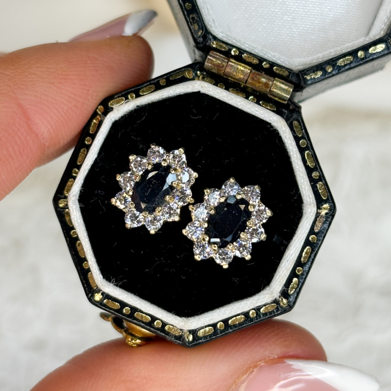 modern 9ct yellow gold, sapphire and CZ cluster stud earrings for sale