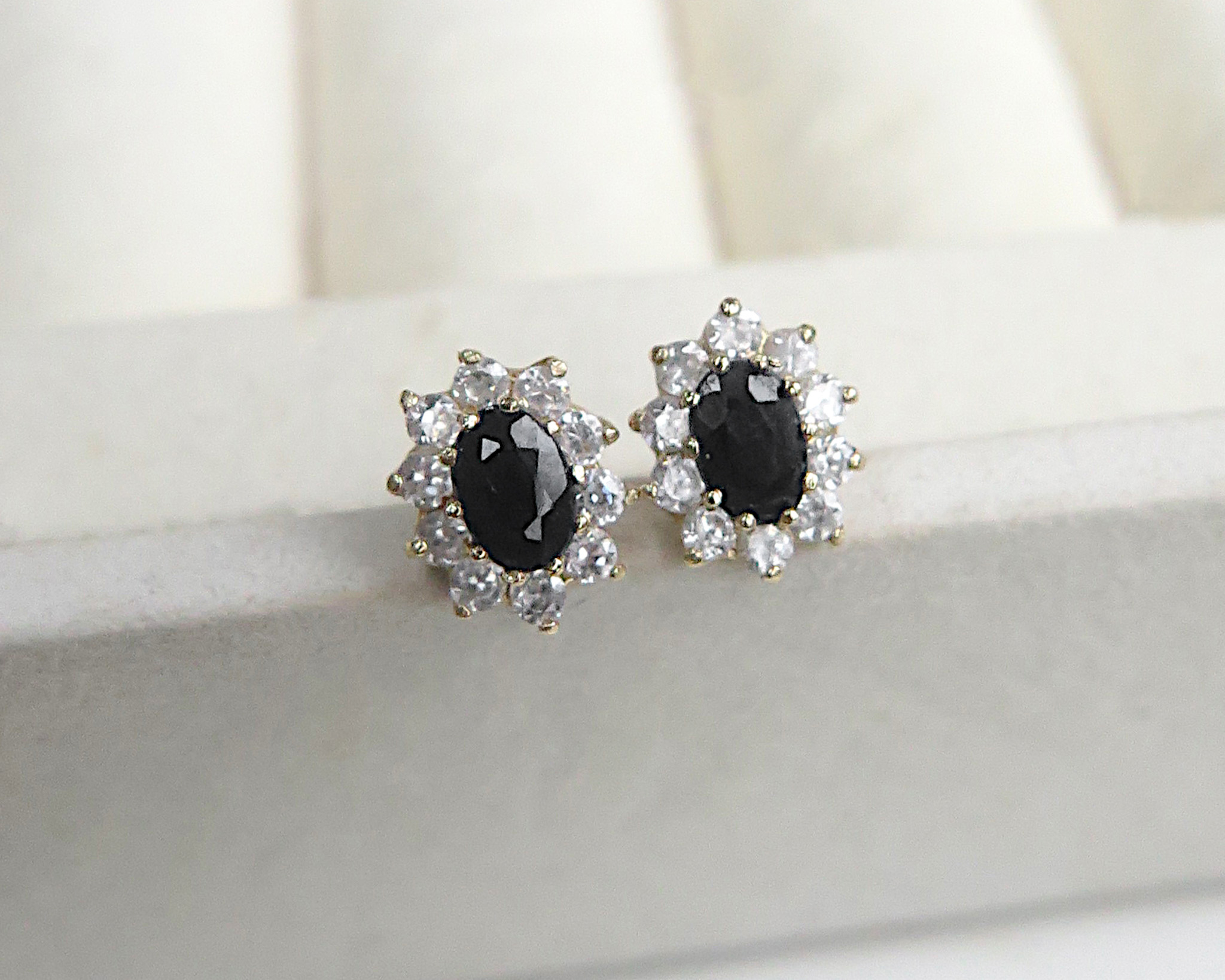 sapphire cluster stud earrings with CZ in 9ct gold for sale