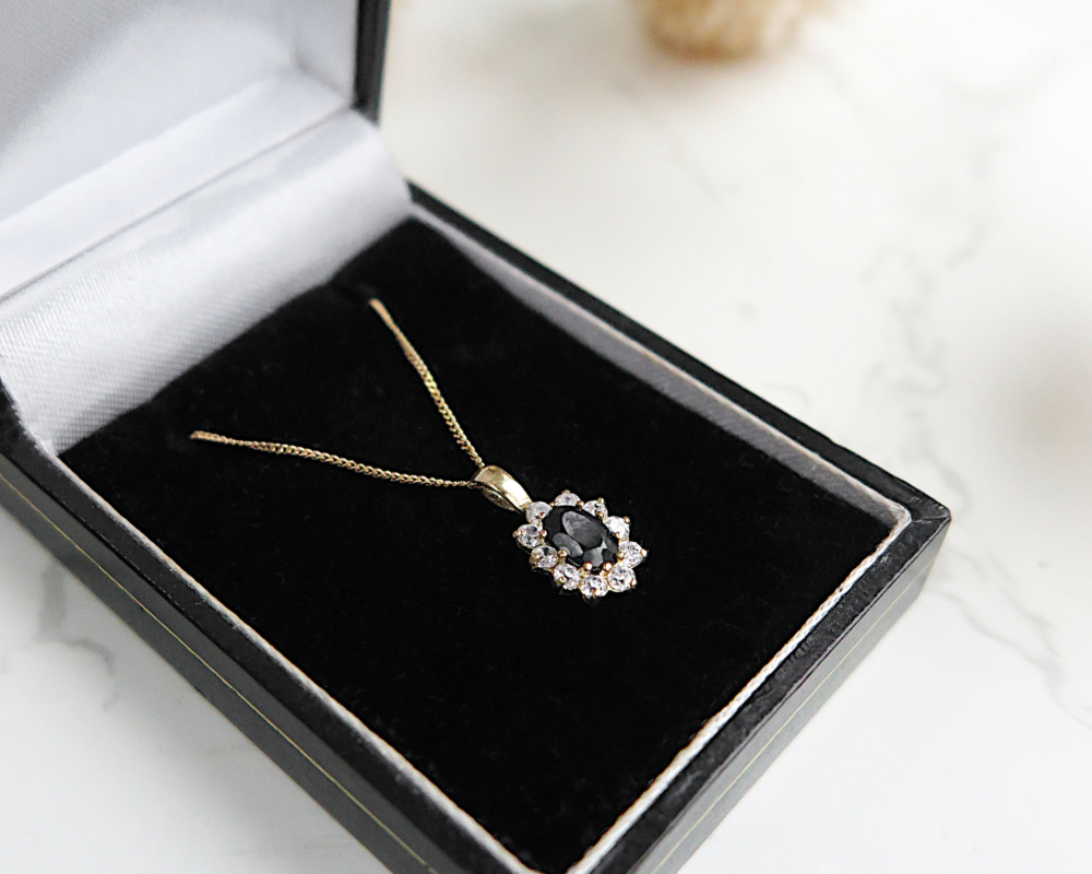 sapphire cluster pendant modern 9ct gold sapphire cluster pendant with cubic zirconia halo for sale