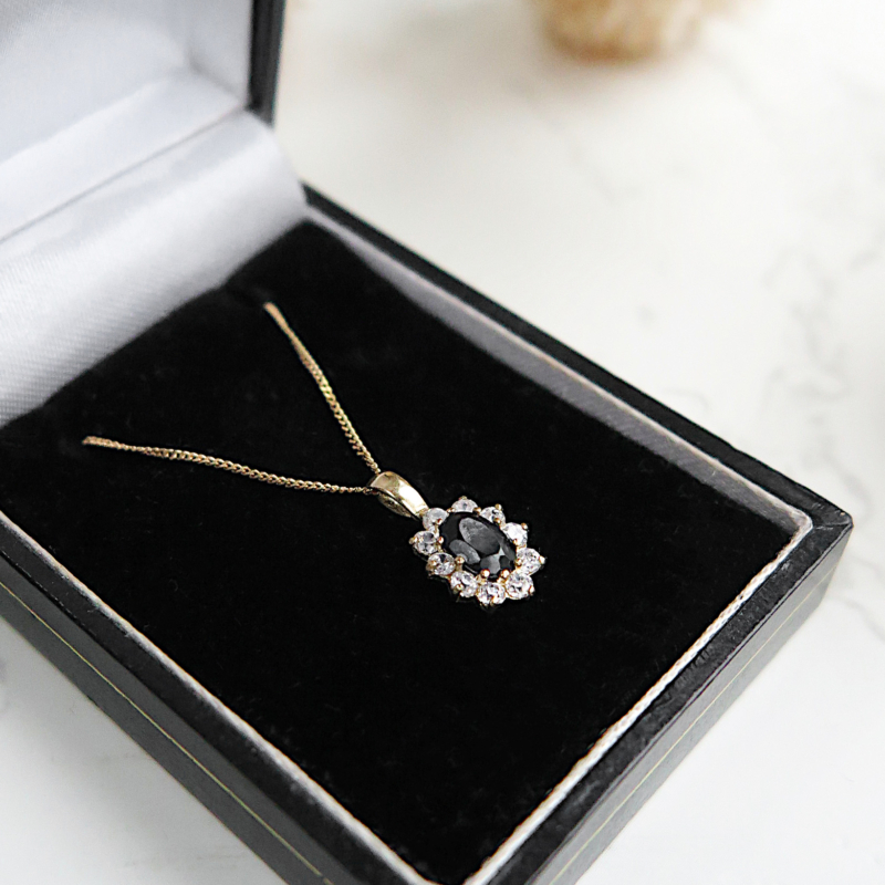 modern 9ct gold sapphire cluster pendant with cubic zirconia halo for sale