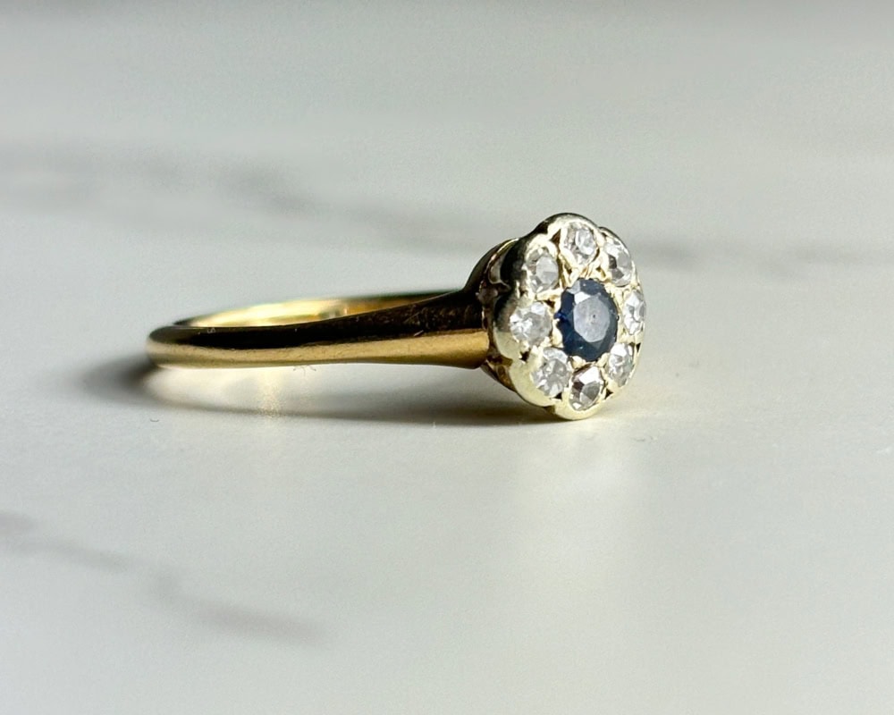 antique sapphire and diamond cluster ring circa 1930s in 18ct yellow gold for sale