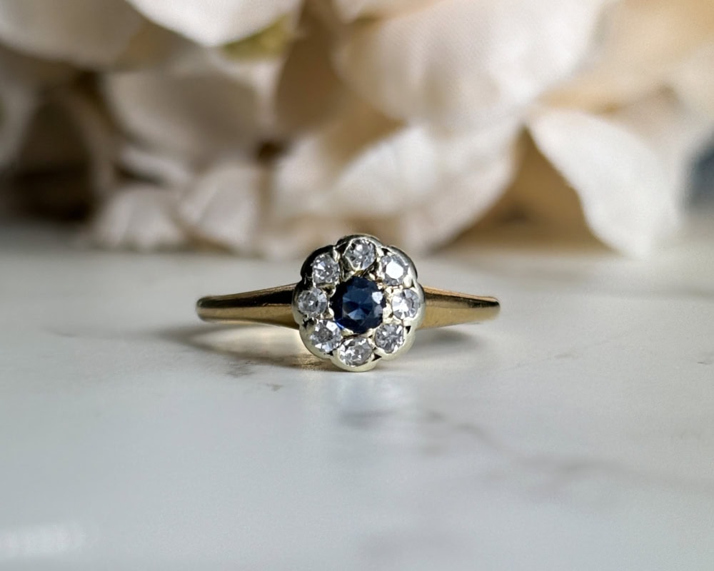 antique sapphire and diamond cluster ring circa 1930s in 18ct yellow gold for sale