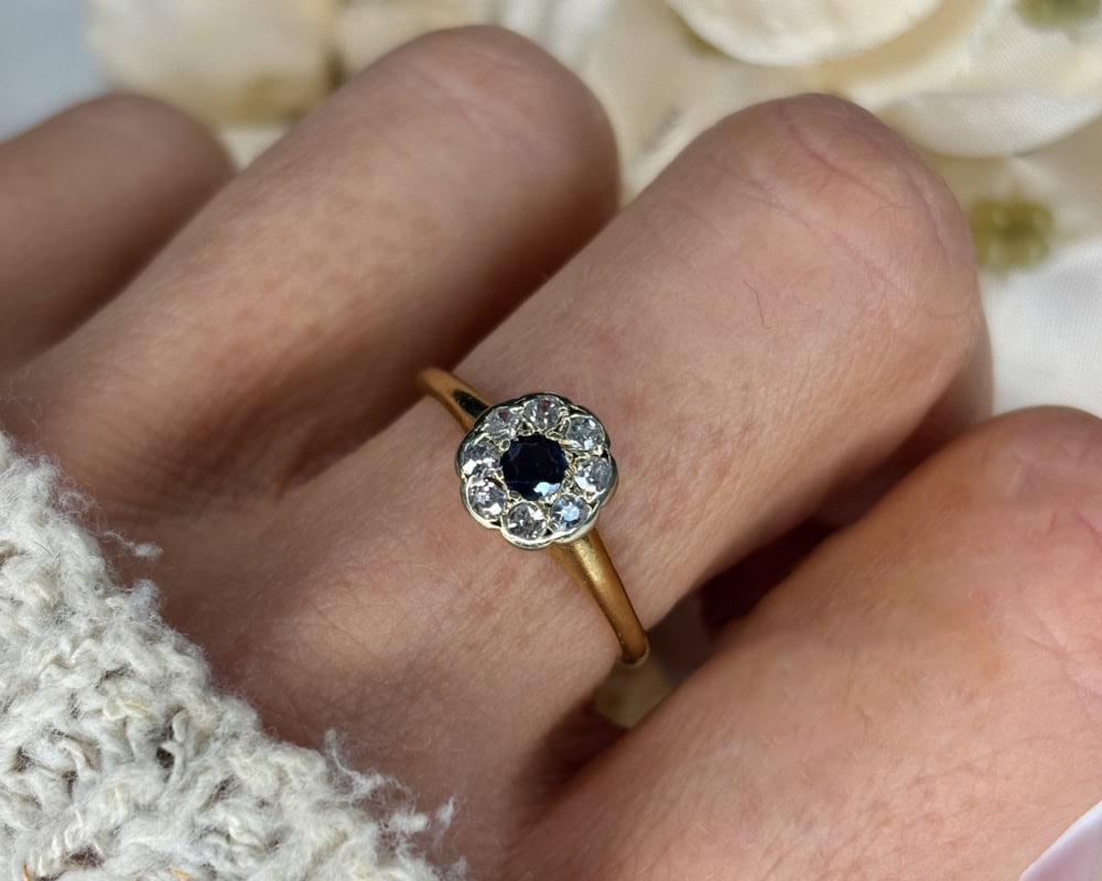 antique sapphire and diamond cluster ring circa 1930s in 18ct yellow gold for sale