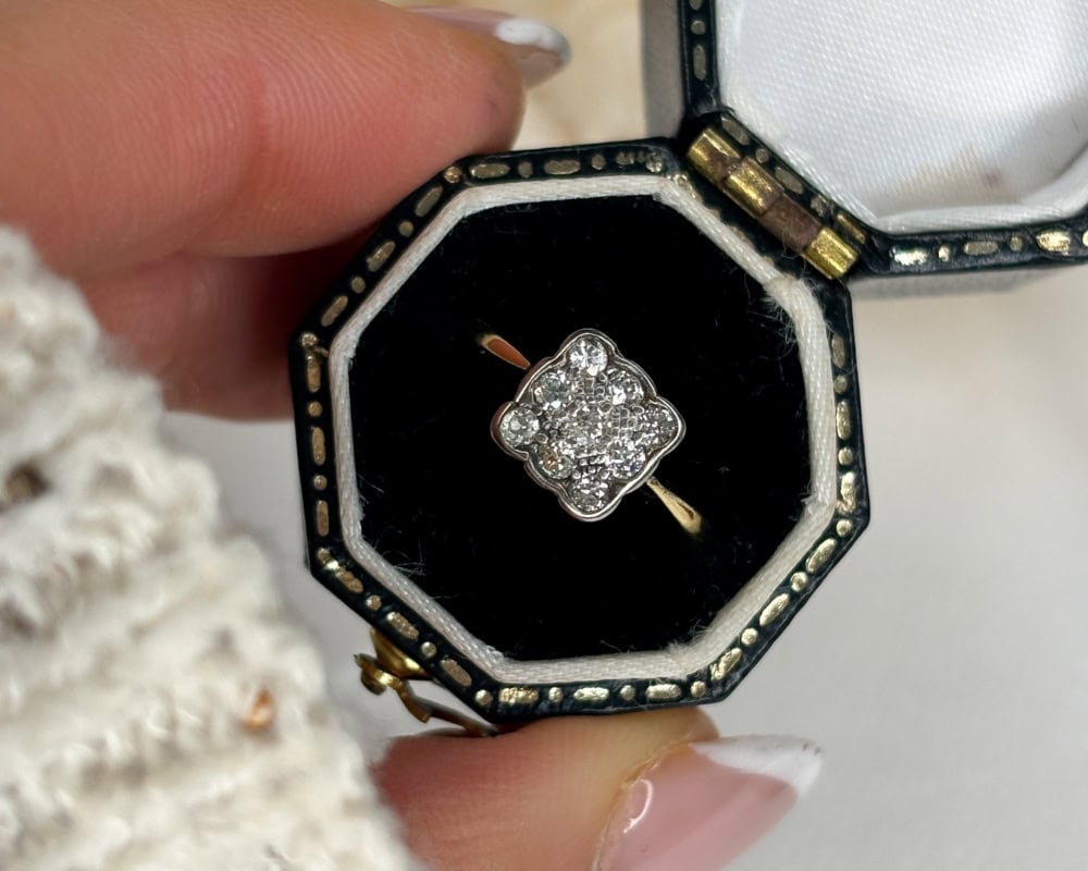 Art Deco square set diamond cluster in 18ct gold for sale in Leeds, Yorkshire