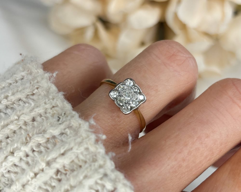 Art Deco square set diamond cluster in 18ct gold for sale in Leeds, Yorkshire