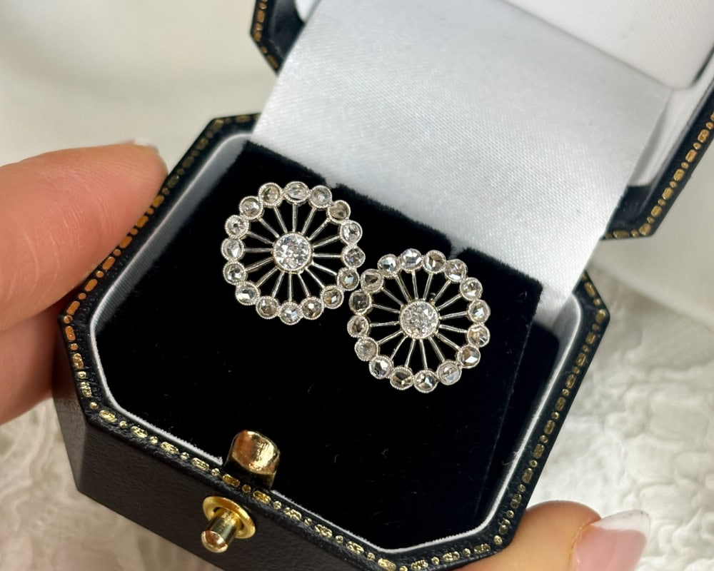 antique Edwardian diamond cluster stud earrings 1ct in platinum for sale