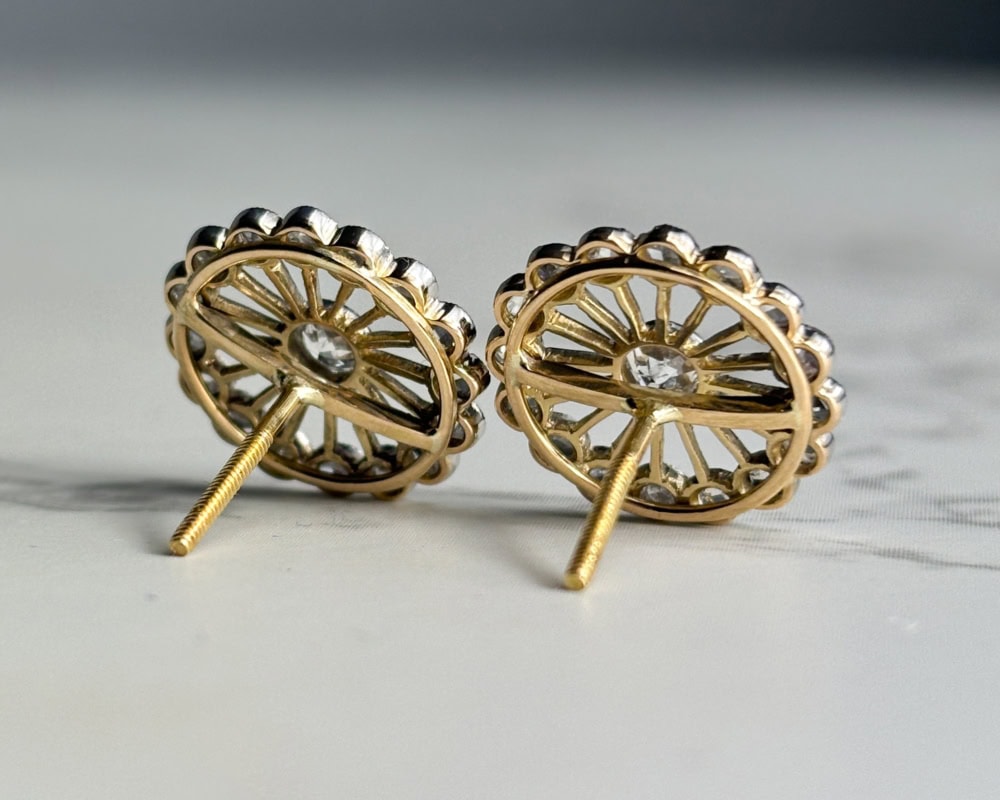 antique Edwardian diamond cluster stud earrings 1ct in platinum for sale