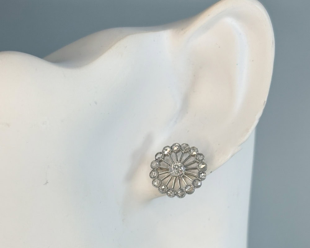 antique Edwardian diamond cluster stud earrings 1ct in platinum for sale