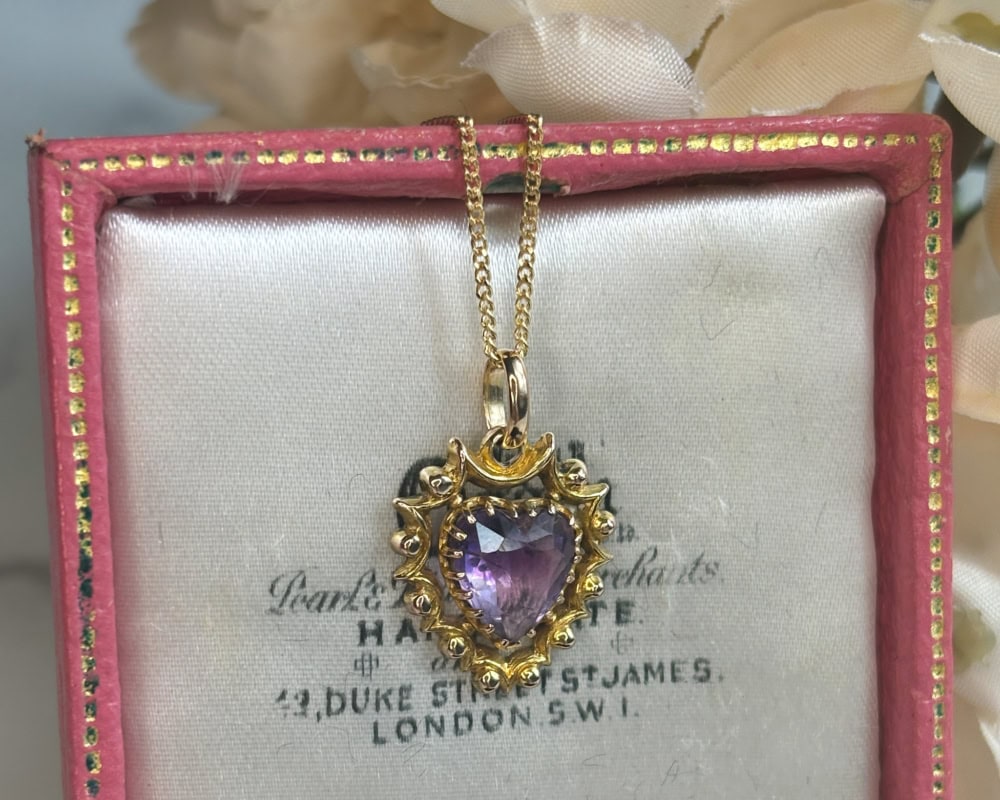 antique amethyst heart pendant in 9ct gold for sale