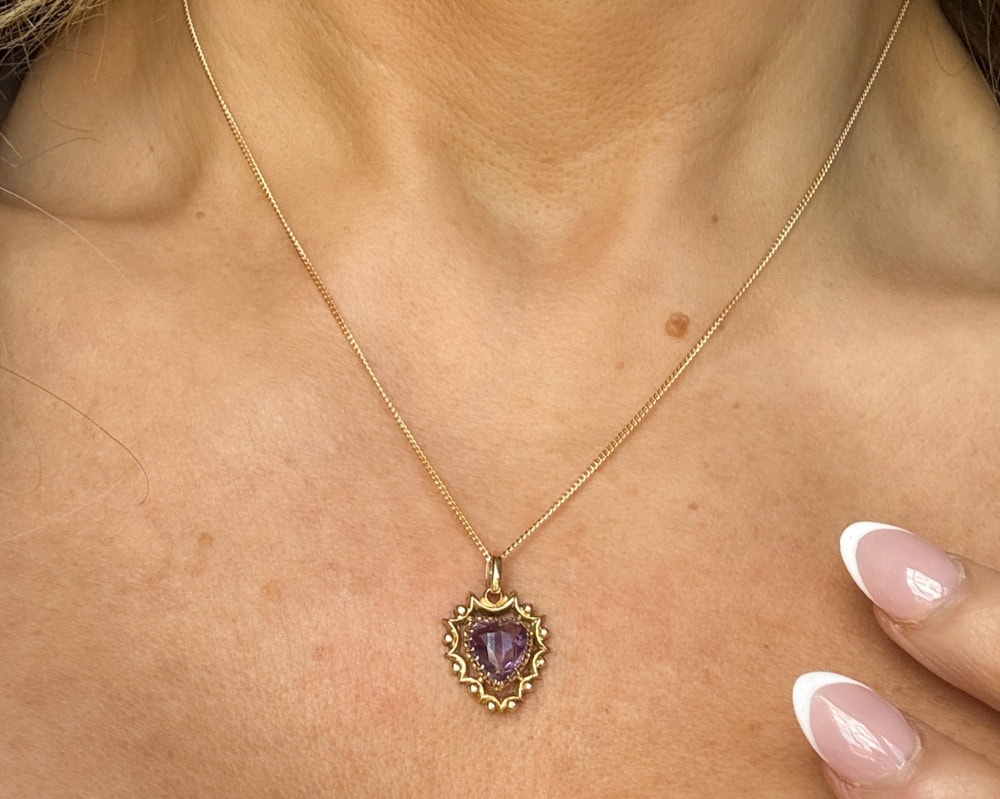 antique amethyst heart pendant in 9ct gold for sale