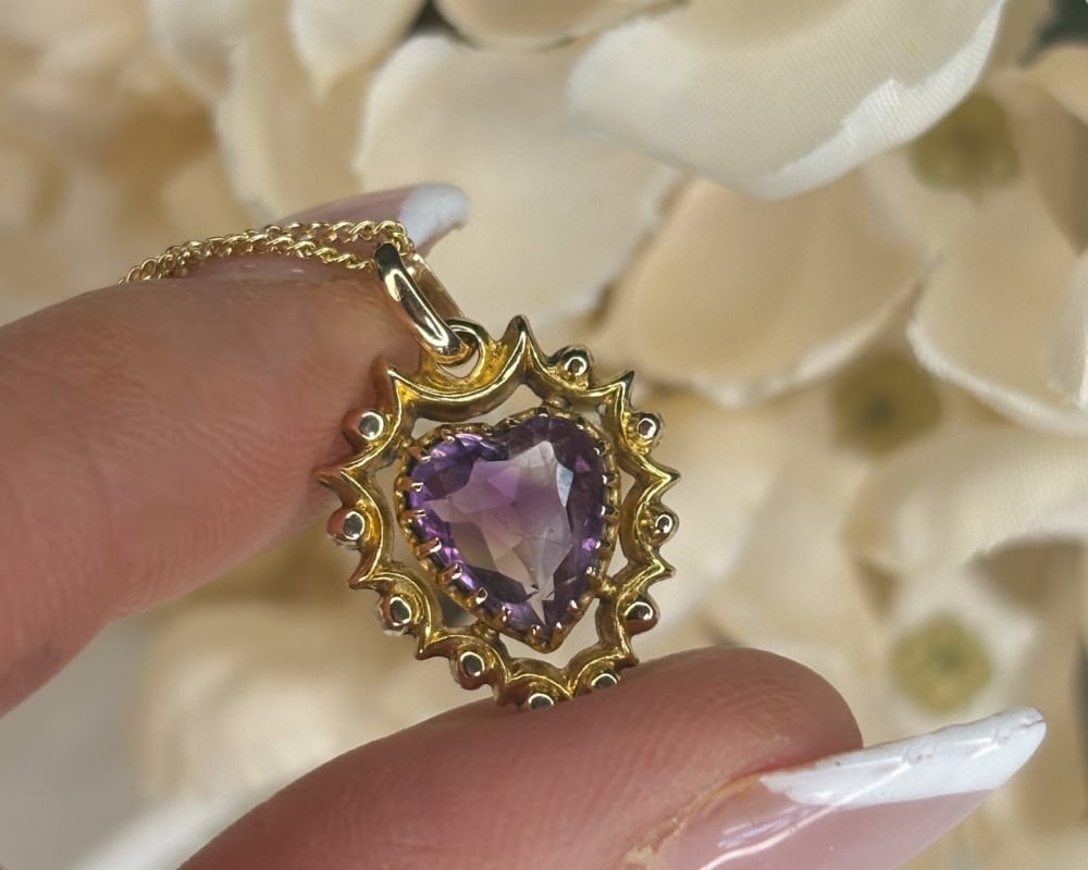antique amethyst heart pendant in 9ct gold for sale