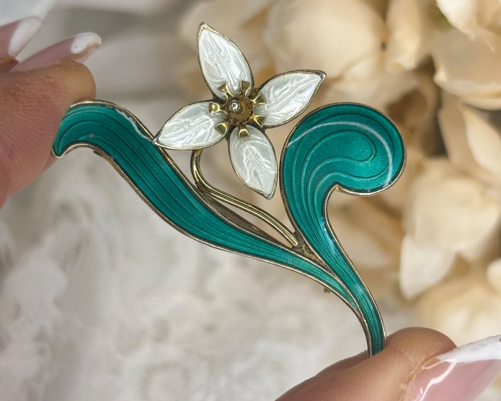 Norwegian silver and enamel flower brooch