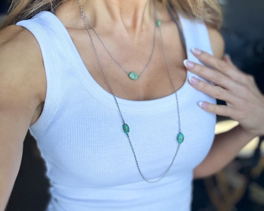 antique 1920s silver and turquoise long chain for sale