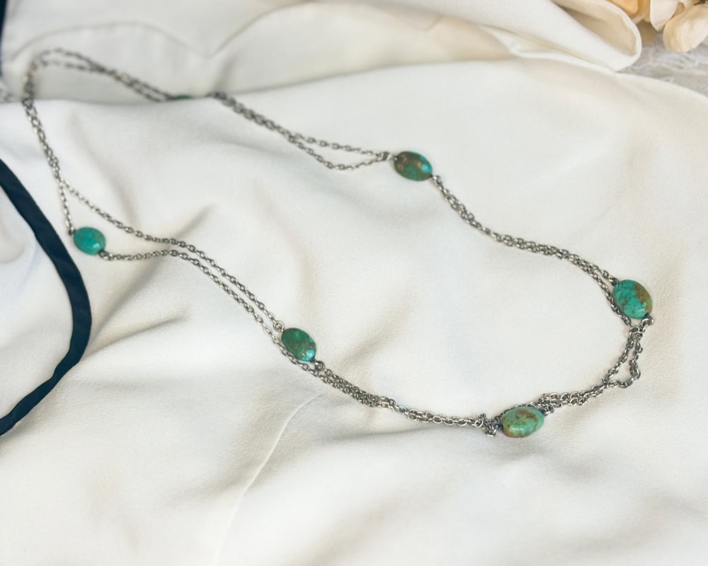 antique 1920s silver and turquoise long chain for sale