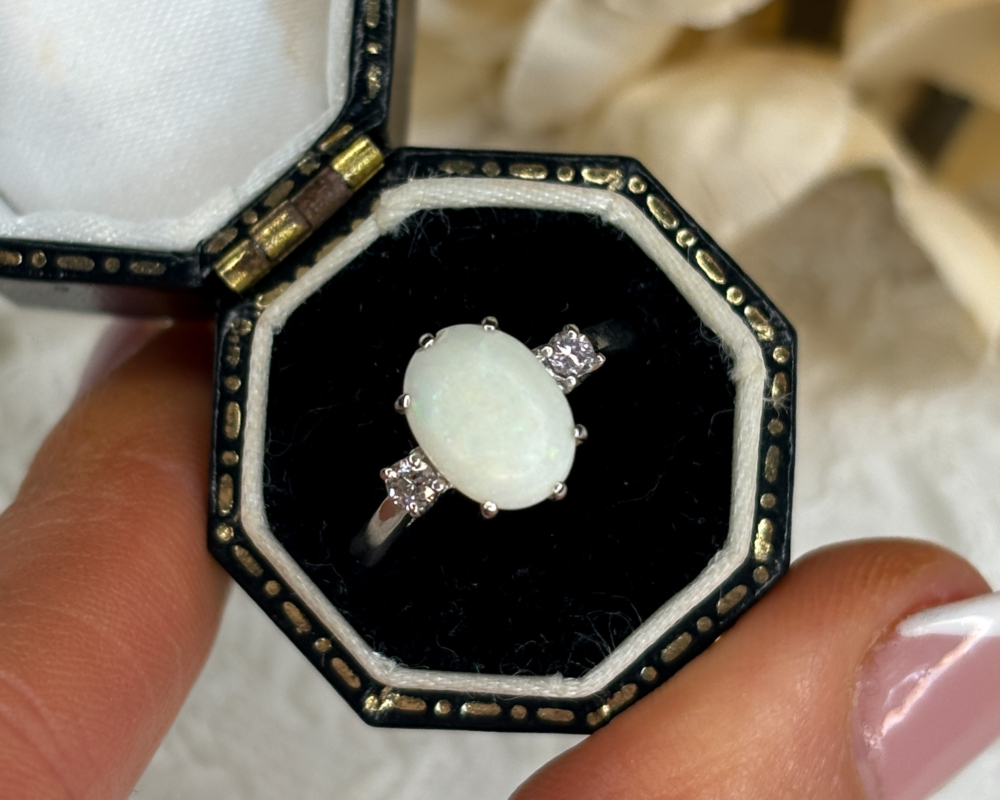 antique opal and diamond three stone ring in 18ct white gold for sale in Leeds