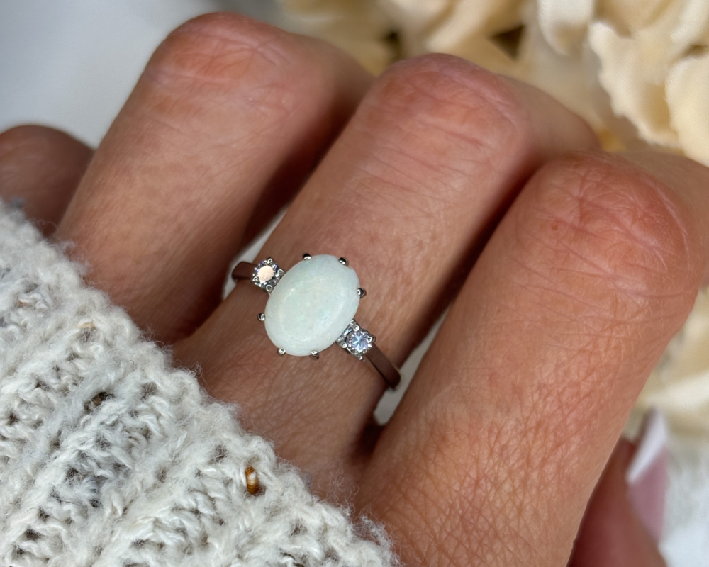 antique opal and diamond three stone ring in 18ct white gold for sale in Leeds