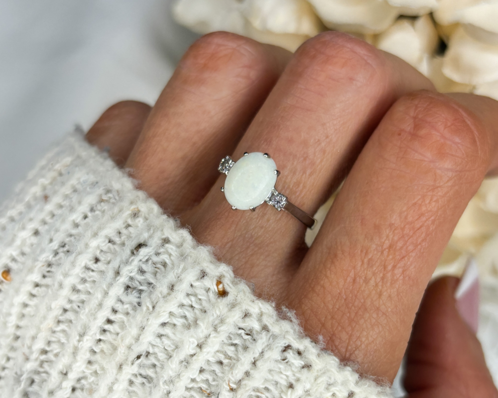 antique opal and diamond three stone ring in 18ct white gold for sale in Leeds