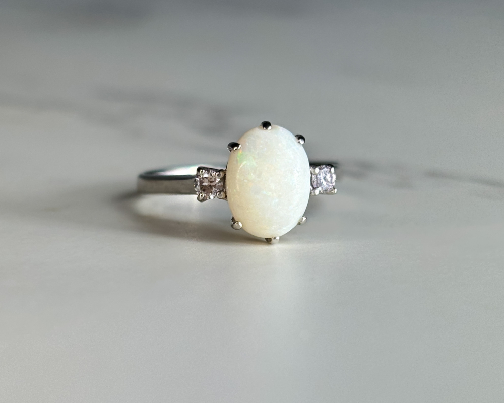 antique opal and diamond three stone ring in 18ct white gold for sale in Leeds