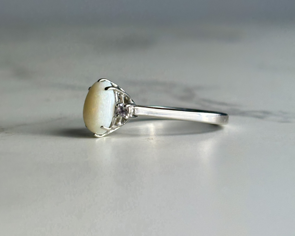 antique opal and diamond three stone ring in 18ct white gold for sale in Leeds