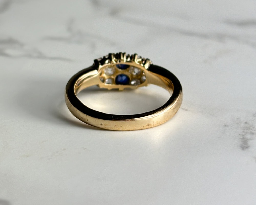 antique sapphire and diamond cluster ring with modern 9ct yellow gold shank for sale