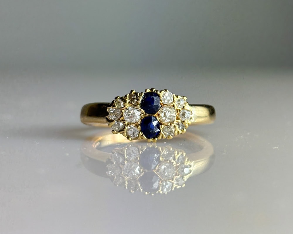 antique sapphire and diamond cluster ring with modern 9ct yellow gold shank for sale