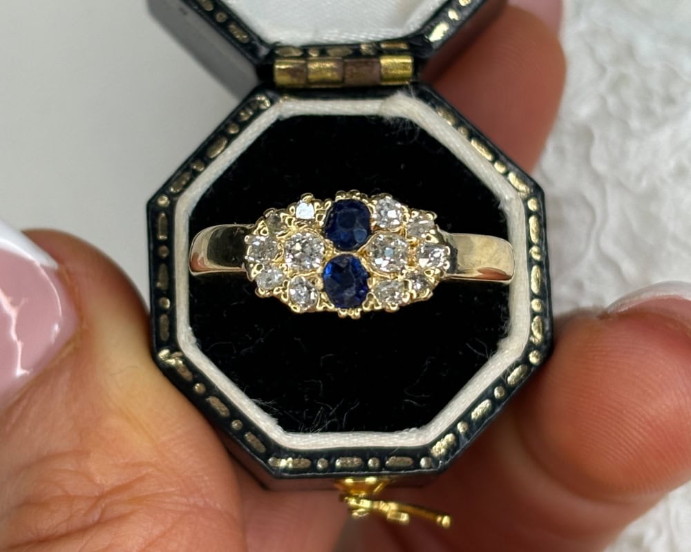 antique sapphire and diamond cluster ring with modern 9ct yellow gold shank for sale