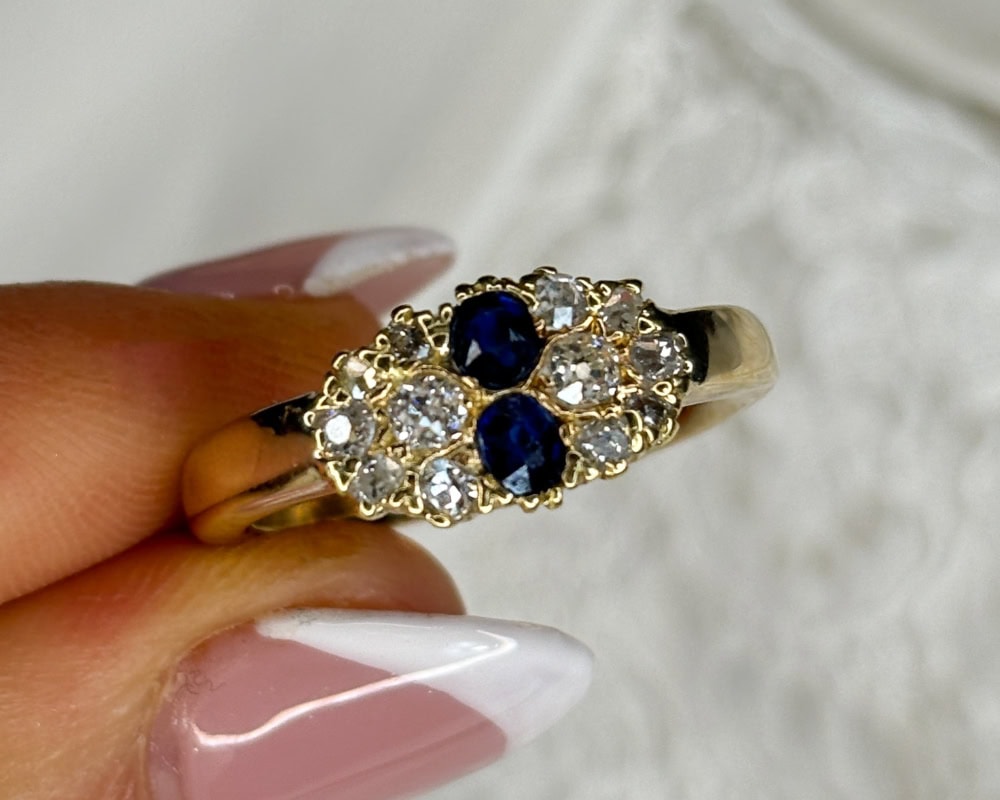 antique sapphire and diamond cluster ring with modern 9ct yellow gold shank for sale
