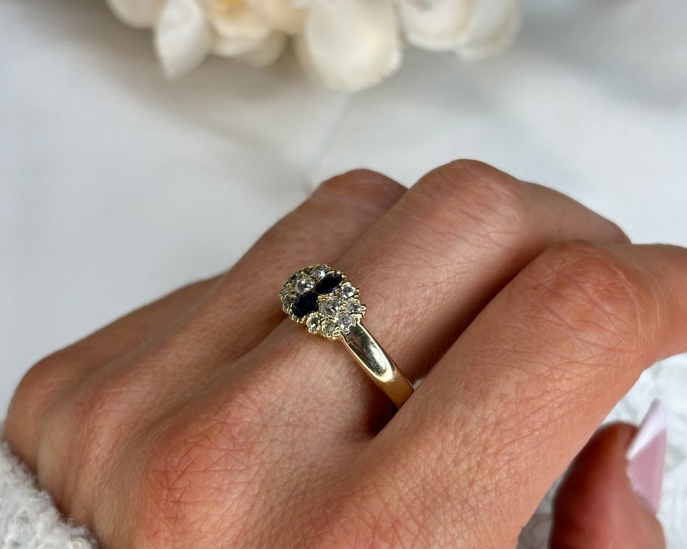 antique sapphire and diamond cluster ring with modern 9ct yellow gold shank for sale