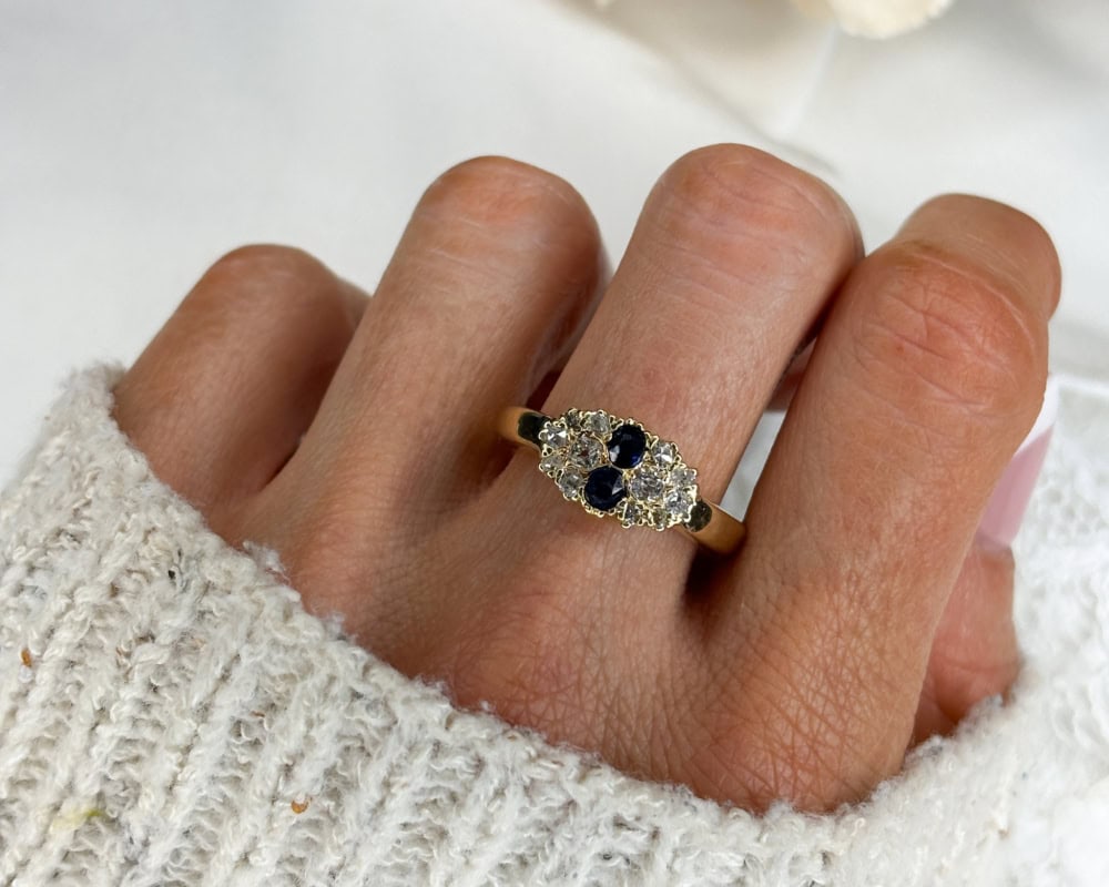 antique sapphire and diamond cluster ring with modern 9ct yellow gold shank for sale