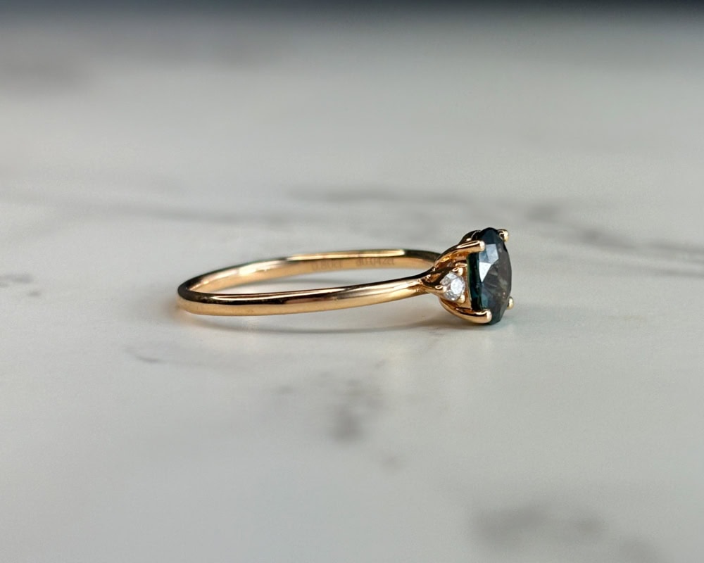 18ct yellow gold green sapphire and diamond three stone ring for sale