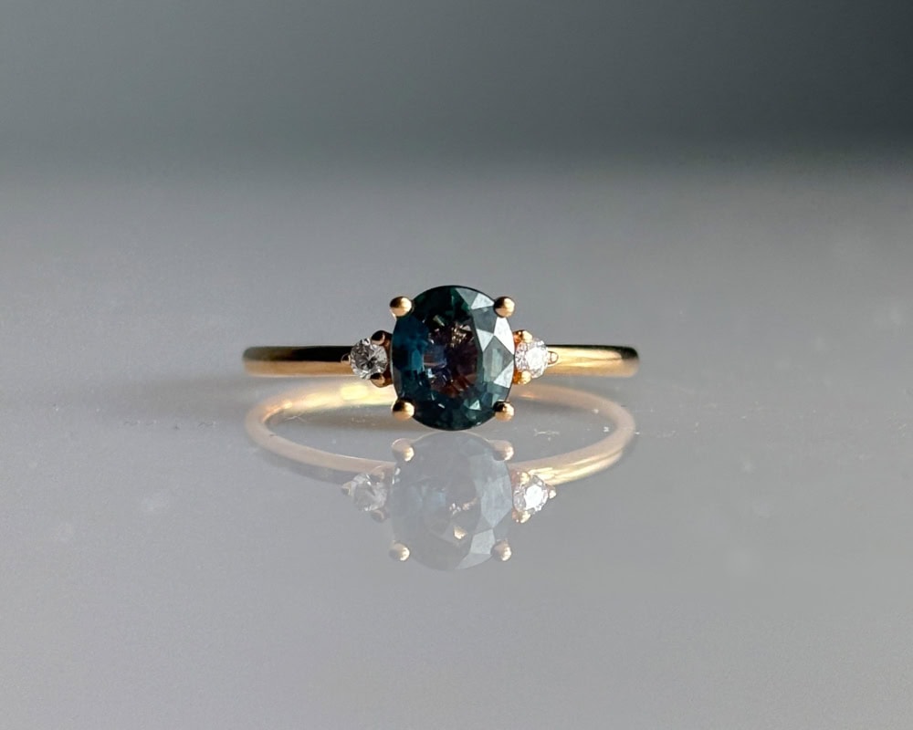 18ct yellow gold green sapphire and diamond three stone ring for sale