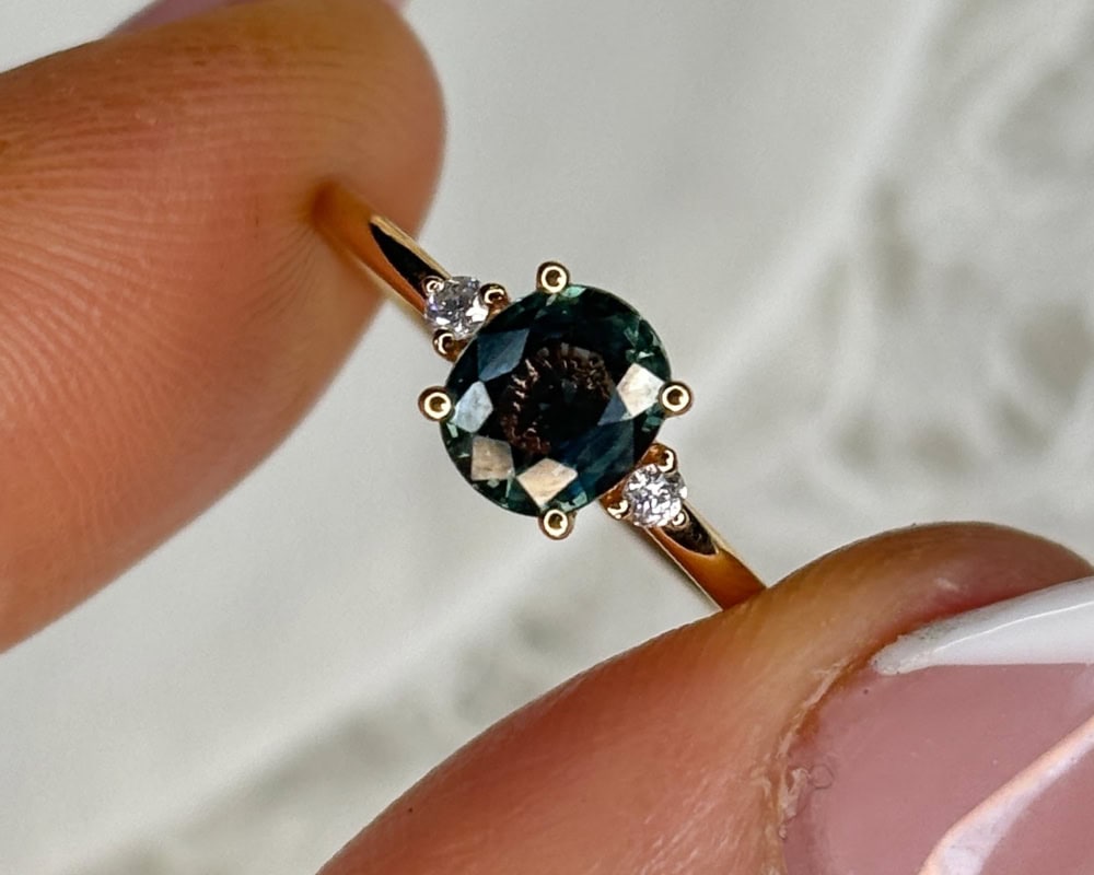18ct yellow gold green sapphire and diamond three stone ring for sale