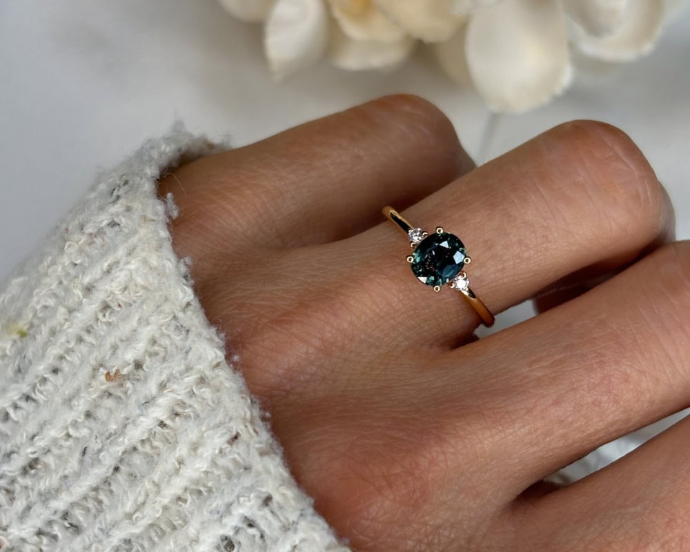 18ct yellow gold green sapphire and diamond three stone ring for sale